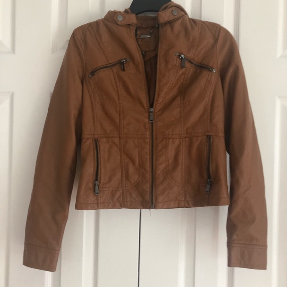 Jackets & Blazers - Women’s Brown Leather Jacket Zip Up with Hood Size Small